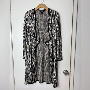 St. John knit, open front long cardigan, black top, gray white marble pattern S